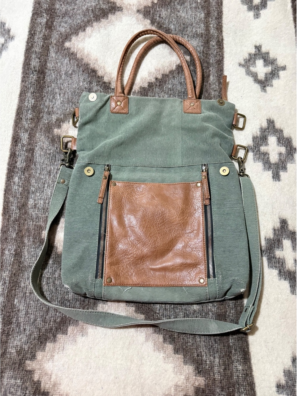 Mona B Green Canvas and Brown Leather Tote Bag with Adjustable Strap